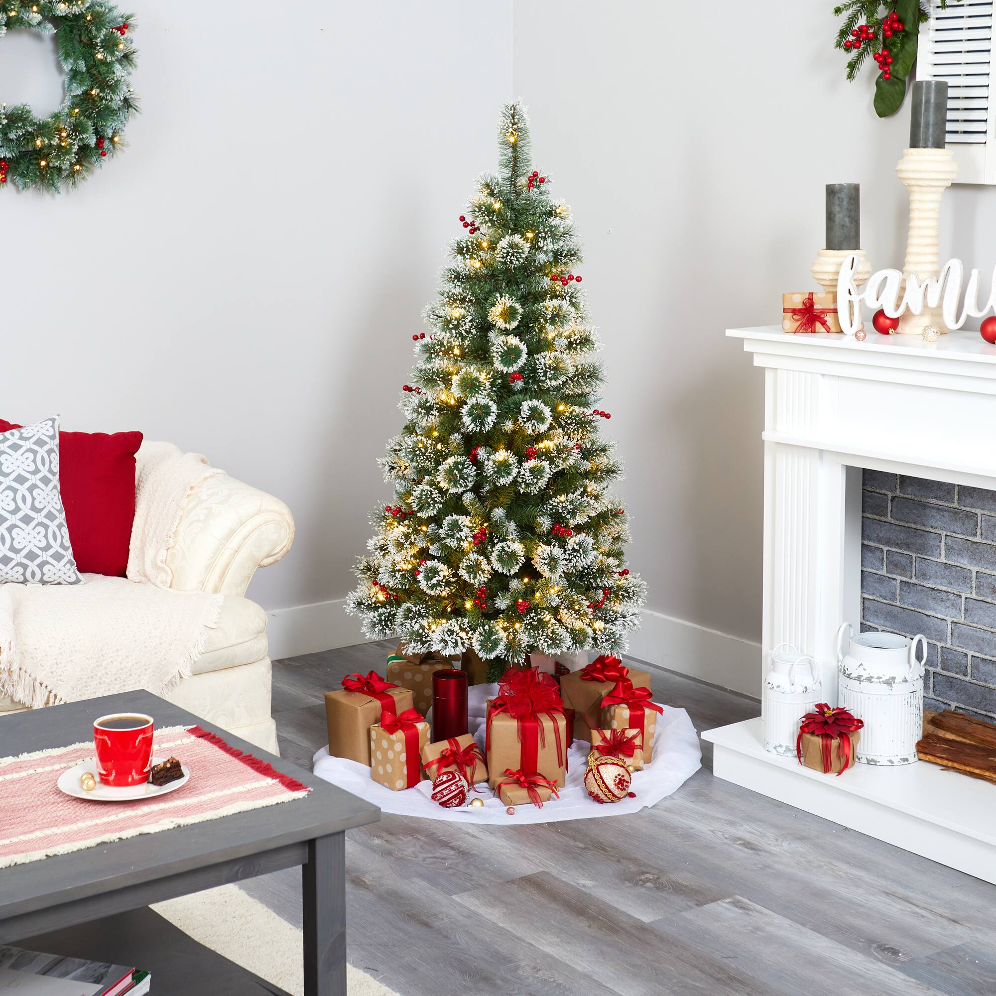 5ft. Pre-Lit Frosted Swiss Pine Artificial Christmas Tree with Berries, Clear LED Lights